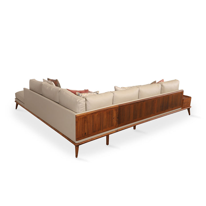 Mysig – Teakwood Sofa Storage Drawer on One Side with beige Fabric and Fabric Back, Seven Seater - Alankaram